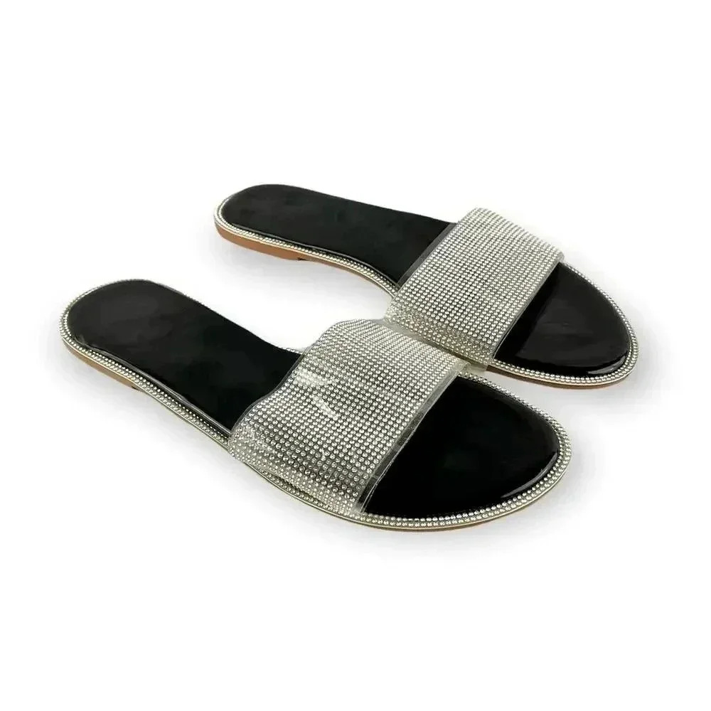 Rhinestone Clear One Band Slip On Sandals Flats Sz 10.5 Eu 43